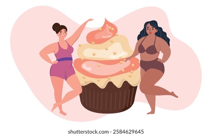 Beautiful women bikini posing near big cake. Body positive and love your body