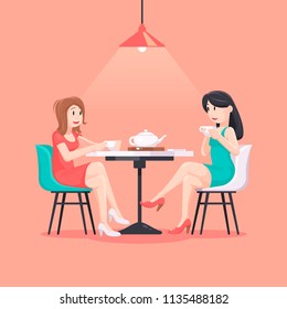 Beautiful women in a cafe illustration in pastel colors. Girlfriends over a cup of tea. Young girls spend leisure time in cafe. Friendship concept art. Friendship Day poster. Female friendship.