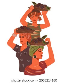 Beautiful women carrying baskets of coffee beans, hand drawn flat illustration isolated on white background. Coffeehouse, cafe  emblem or logo for coffee packaging design element.