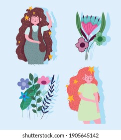 beautiful women cartoon characters with flowers and leaves set vector illustration