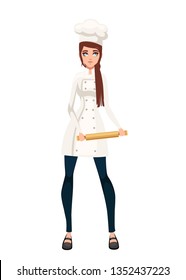 Beautiful women chef with brown hair, women hold rolling pin. Bakery young female chef. Cartoon character design. Flat vector illustration isolated on white background.