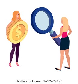 beautiful women with coin and magnifying glass vector illustration design