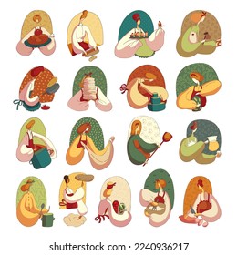 Beautiful women cooking set. Girl baking pancakes, cupcakes and roasting chicken cartoon vector