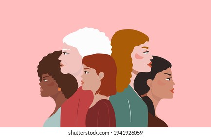 Hermosas mujeres de diferentes edades, razas, cabello y colores de piel en perfil. El concepto de maternidad, amistad, cuidado y amor, diferentes generaciones. Vector.