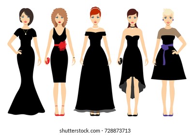 Beautiful women in different black dresses vector illustration. Black fashion female model portrait isolated on white background.