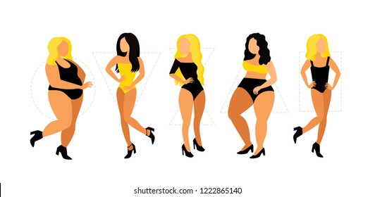 Beautiful women with different bodies. Set of female body shape types. Flat vector cartoon characters.