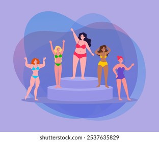 Mujeres hermosas con diferentes tipos de cuerpo en podio o pedestal. Mujeres delgadas, musculosas, con sobrepeso, niñas de diferentes Formas y tamaños de Ilustración vectorial. Belleza, concepto de positividad corporal