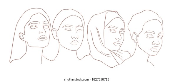 Beautiful women of different cultures, multi-ethnic. African, Asian, girl in hijab standing together. Vector illustration, portrait in a modern minimalist style. Simple line drawing. Logo, postcard