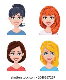 Beautiful women with different hairstyles. Pretty smiling cartoon characters. Set of four modern girls in flat style. Avatar business woman. Vector illustration on white background.