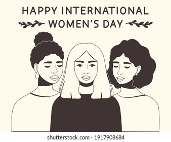 Beautiful women of different nationalities and cultures. Happy International Women's Day. Different ethnicity women. Women friendship concept, movement to empower women. Vector illustration.