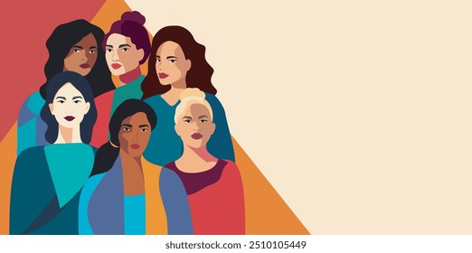 Beautiful women of different nationalities and religions stand together. Vector greeting card with International Women's Day. Movements for gender equality and women's empowerment for advertising.