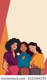 Beautiful women of different nationality, skin, appearance and culture stand together, banner with space for text for advertising, website. Women's day. Vector concept of movement for gender equality 