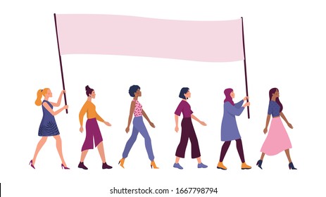 Beautiful women of different race or nationality standing with big banner. Femenism and girl power concept. Gender equality and female movement. Isolated vector illustration