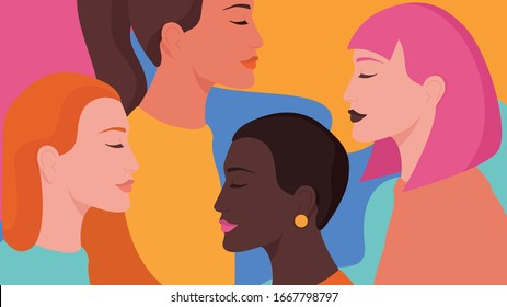 Beautiful women of different race or nationality, femenism and girl power concept. Gender equality and female movement. Card, banner or poster idea. Isolated vector illustration