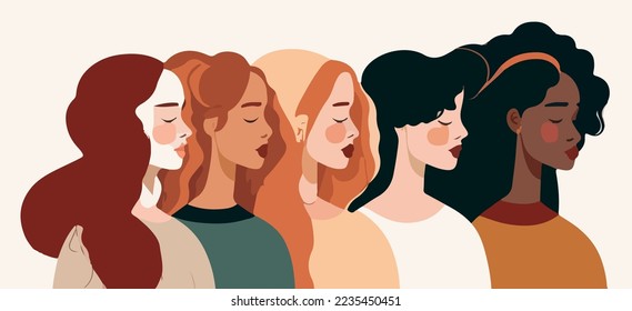 Beautiful women with different skin colors stand together vector. Illustration for International Women's day