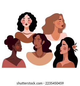 Beautiful women with different skin colors stand together vector. Illustration for International Women's day