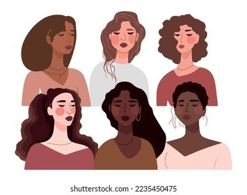 Beautiful women with different skin colors stand together vector. Illustration for International Women's day