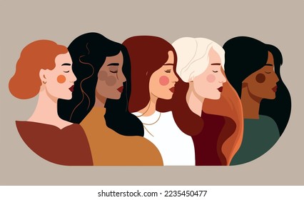 Beautiful women with different skin colors stand together vector. Illustration for International Women's day