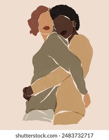 Beautiful women with different skin colors stand together. Concept of sisterhood and females friendship. Woman, female support, hugging each other.