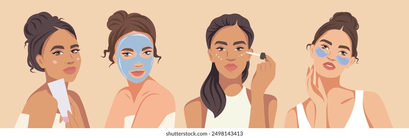 Beautiful women of different skin colors and cultures take care of their skin. Cosmetology, facial care cosmetics, young skin, cream, masks, patches. Vector illustration on the theme of beauty