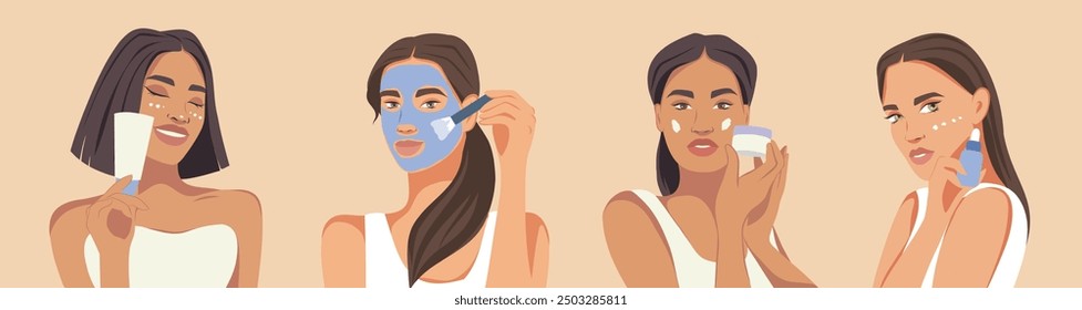 Beautiful women of different skin colors and cultures take care of their skin. Cosmetology, facial care cosmetics, young skin, creams, masks, patches. Vector illustration website advertising, banner