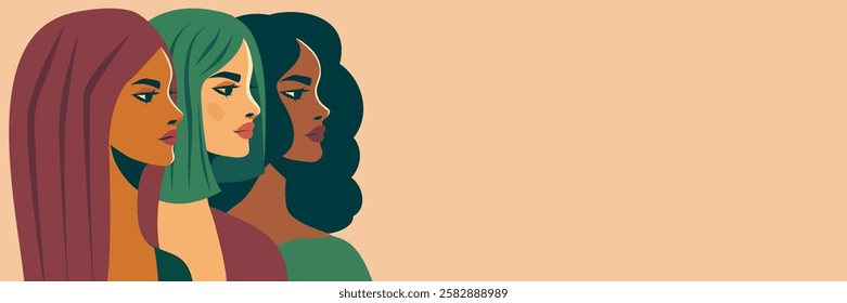 Beautiful women of different skin colors and hairstyles with space for text. Women's day, feminism day, equality day. Vector banner with space for text for women's holidays and projects