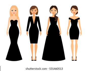 Beautiful women in different style black dresses cartoon characters on white background. Vector illustration.