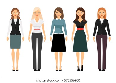 Beautiful women in different style clothes vector icons on white background. Women dress code illustration