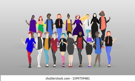 Beautiful women diverse standing together. In different clothes authentic and hipster, hippie and traditional. Many lady’s from around the world vector illustration, female friends, union sisterhood.