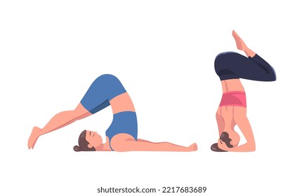 Beautiful women doing yoga. Girls practicing plow and headstand asanas at yoga class. Physical and spiritual practice cartoon vector illustration