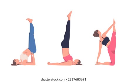 Beautiful women doing yoga. Girls practicing shoulder stand and vertical split at class. Physical and spiritual practice cartoon vector illustration