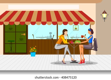 Beautiful women drinking tea in cafe. Vector illustration