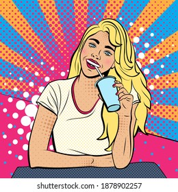 Beautiful women european type drinking coffee. Girl with cup of coffe on background of pop art style. Pop art vector illustration.