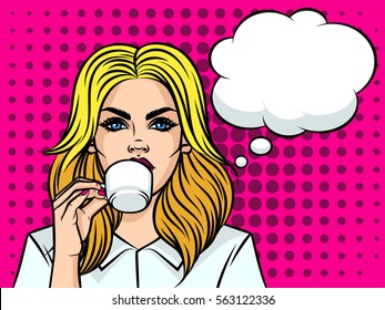 Beautiful women european type drinking coffee. Girl with cup of coffe on background of pop art style. Girls face with speech bubble and cup of tea in her hand.