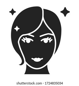 Beautiful women face with fashionable hairstyle black glyph icon. Avatar blond girl. Pictogram for web page, mobile app, promo. UI UX GUI design element.