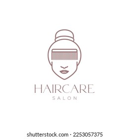 beautiful women face with hair comb salon beauty care logo design vector icon illustration template