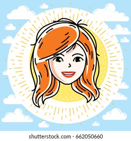 Beautiful women face, human head. Vector redhead character, attractive lady face features.