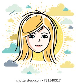Beautiful women face, human head. Vector character, attractive blonde lady face features. 