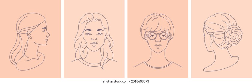 Beautiful women faces, portraits linear style vector illustrations set. Minimal trendy emblems and icons for logo design, hair salon, beauty shop, organic cosmetics, prints and cards. Editable strokes