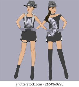 beautiful women with fashion trend jumpsuit shorts with sequin accents and fedora hats