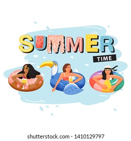 Beautiful women floating and sunbathing on inflatable rings in swimming pool. Slogan design "Summer time" sign. Summer rest and vacation. Vector illustration on white background.