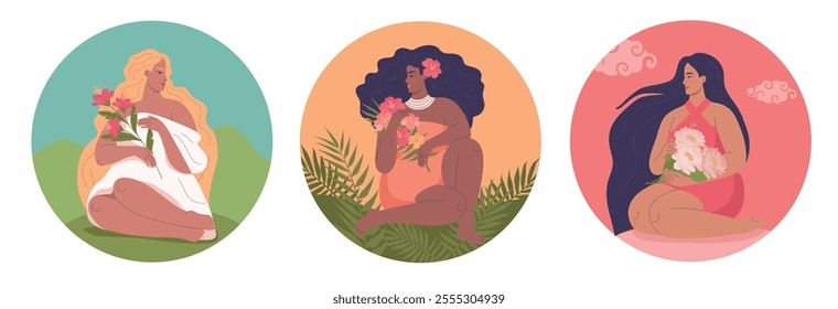 Beautiful women with flowers cartoon characters design illustration