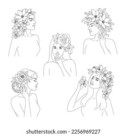 Beautiful women with flowers on head vector one line drawing. Monochrome line art floral minimalist print. Female beauty concept.  Abstract portraits, fashion illustration,   minimalist style.