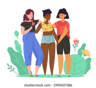 Beautiful women friends. Happy female characters, young girls hug, friendship, sisters hold hands, body positive, feminism. Vector concept