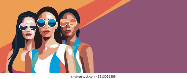 Beautiful women in glasses standing together. Illustration on the theme of style and fashion. Vector card with space for text with women's day. Movements for gender equality and women's empowerment