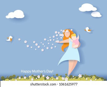 Beautiful women with her baby. Happy mothers day card. Paper cut style. Vector illustration