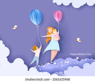 Beautiful women with her children. Happy mothers day card. Paper cut style. Vector illustration