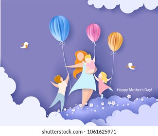 Beautiful women with her children. Happy mothers day card. Paper cut style. Vector illustration