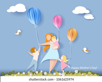 Beautiful women with her children. Happy mothers day card. Paper cut style. Vector illustration