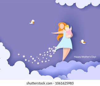 Beautiful women with her children. Happy mothers day card. Paper cut style. Vector illustration